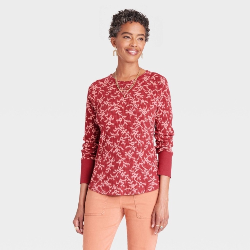 ⭐️ Knox Rose Cranberry Floral Long Sleeve Thermal Tee Size XXL